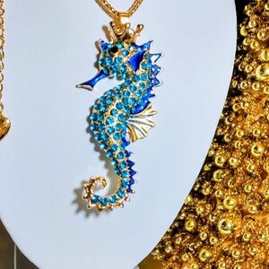 Betsey Johnson Blue Rhinestone Seahorse Necklace